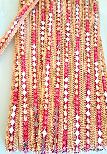 Fuchsia And Gold Woven Thread Lace Trim With Mirror And Rhinestone Embellishments, Approx. 18mm Wide